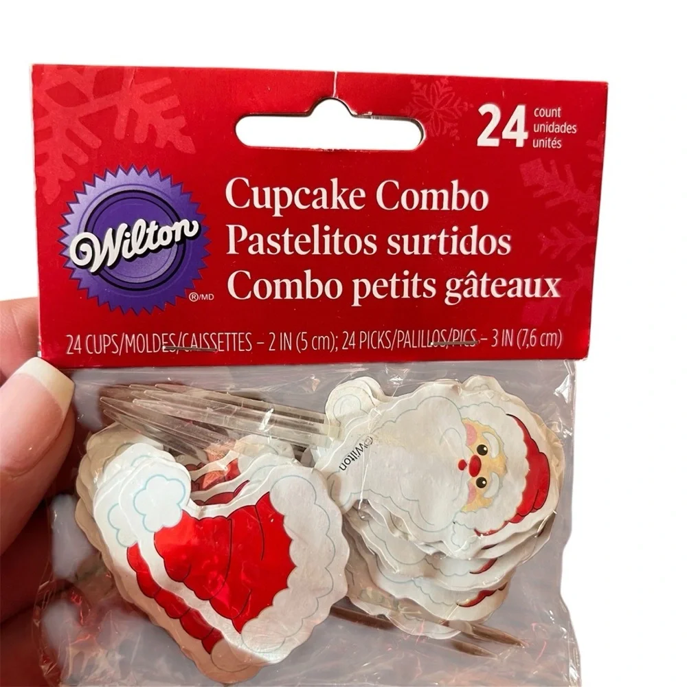 Wilton Festive Santa Cupcake Liner/Topper toothpick Combo Set - 24 ct 2 IN DIA